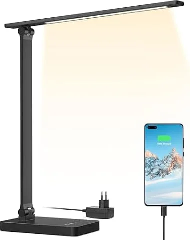 Lepro Lámpara Escritorio LED 655 LM USB Regulable Negro | 3 Modo de Color, 5 Nivel de Brillo, Control Táctil, Puerto Carga USB, Cuidado de Ojos para Cama, Oficina, Estudiar
