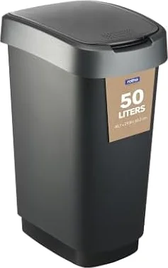 Rotho Twist Cubo de Basura Cocina 50 L con Tapa Abatible Negro/Antracita | Cubo de basura para separar residuos, combinable con cubos de reciclaje, tapa basculante y abatible, borde oculta bolsa