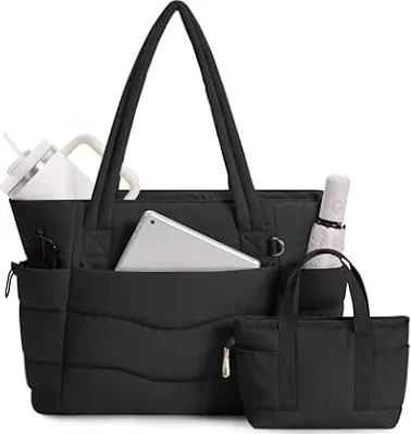 2 Piezas Bolso Mujer Acolchado, Bolso Shopper Mujer para Portátil 15.6" | admite botella de agua, Para universidad, oficina, gimnasio, compras y viajes