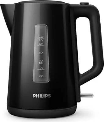 Philips Hervidor Serie 3000-1,7L Tapa con resorte, Resistencia plana, Luz indicadora, Filtro extraíble, Múltiples sistemas de seguridad, Negro (HD9318/20)