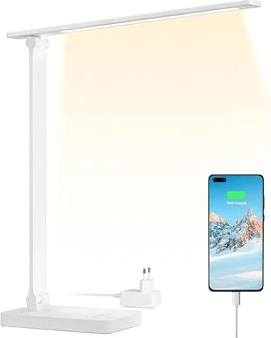 Lepro Lámpara Escritorio LED 655 LM USB Regulable Blanco | 3 Modo de Color, 5 Nivel de Brillo, Control Táctil, Puerto Carga USB, Cuidado de Ojos para Cama, Oficina, Estudiar