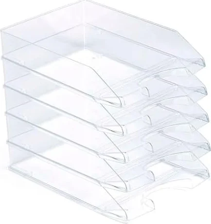 Tradineur - Pack de 5 bandejas de Oficina Modelo Apilable - Fabricado en Plástico - Organizador Documentos Formato A4 - Fabricado en España - 6,5 x 25,5 x 35 cm - Color Transparente