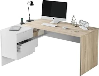 Habitdesign Escritorio con Cajones Reversible, Mesa Oficina, Blanco Artik y Roble Canadian