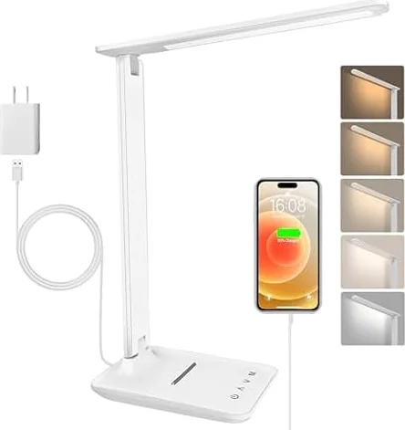 joyshie lámpara Led Escritorio, Flexo de Escritorio con luz nocturna, lampara de escritorio con control táctil, Puerto de carga USB, 5 niveles de luminosidad 5 modos (blanco)