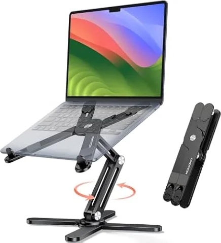 OMOTON Soporte para Portátil 360° Giratorio, Plegable, Aluminio, Negro | Ajustable en altura, antideslizante, ergonómico, para MacBook Air/Pro y portátiles 10-16", para escritorio y home office