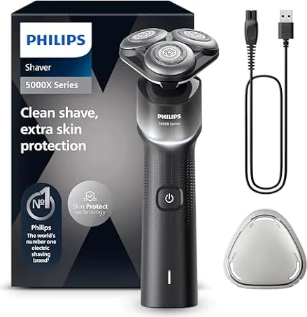 Philips Serie X5000 Afeitadora Eléctrica Hombre, Máquina de Afeitar Barba, 27 cuchillas, Cuida la piel, Cabezal flexible 360º, 50min de uso, En Seco y Húmedo, Recargable, X5004/00, Plata