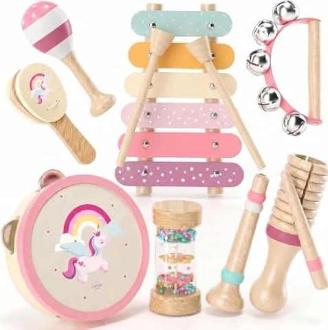 Lehoo Castle Instrumentos Musicales Bebe Madera Juguetes 1 Año- Unicornio | Montessori Musicales Juguetes 9 PCS con Xilófono Tambor Educación Regalos Niños Niña 1 2 3 Años, con bolsa, certificado FSC