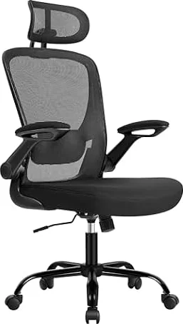 SONGMICS Silla de Escritorio Ergonómica, Malla, Apoyabrazos Abatibles | Soporte Lumbar Silla Oficina, 64 x 64 x (115-130) cm, Inclinable, Negro Tinta, Colección Kime, OBN047B01