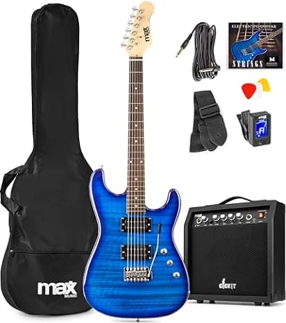 Max GigKit Quilted - Kit de guitarra eléctrica completo color azul oscuro | Tapa de arce Quilted con 22 trastes y palanca trémolo, amplificador de 40W, incluye afinador, correa y cable de 3 m