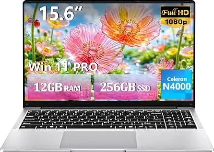 Ordenador Portátil de 15,6 pulgadas con Procesador Celeron N4000, 12 GB de RAM DDR4, SSD de 256 GB, PC Portátil con Gráficos UHD 600, Bisagra de 180°, Pantalla FHD 1920x1080, WiFi 5, Bluetooth 4.2