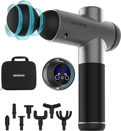 Cecotec Pistola de Masaje Muscular con 8 Cabezales SkinCare Massage Full Recovery. 99 Niveles de Intensidad, Pantalla LCD, Autonomía 2h, Velocidad de 2800-3200rpm, Cargador Tipo C, Estuche