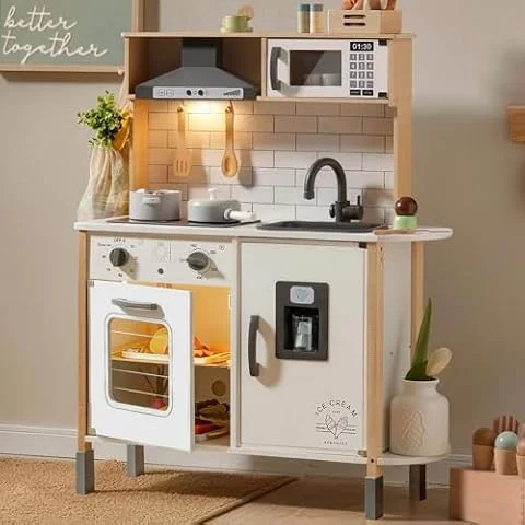 Tiny Land Cocina Juguete Madera con 18 Accesorios & Luces y Sonidos Reales | Cocinita Infantil Juegode Chef de Madera para 3+ Niños Pequeños con Comida y Utensilios , Cozinha de Brincar