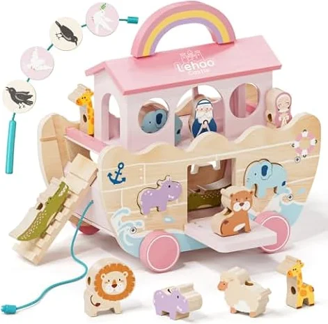 Lehoo Castle Arca de Noé de Madera, Regalos Bautizo Niña, Montessori 1 Año | Juguetes Niños 1 2 3 Año, Clasificador de Formas con Animales de Madera, Regalo Bautizo, Madera Certificada FSC
