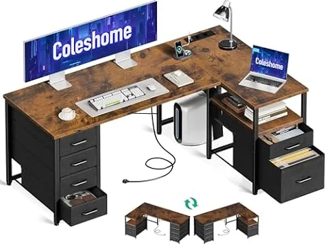 Coleshome Escritorio Esquinero con Cajones de Tela, 140x80cm, Marrón | Escritorio en L con Cajón para Archivos, Puerto de Carga USB y Toma de Corriente, Reversible para Oficina en Casa