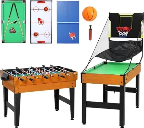 SPORTNOW Mesa Multijuegos 5 en 1 Adultos 134x108x144 cm Natural y Negro | Mesa de Juego con Futbolines, Billar, Ping-Pong, Hockey y Baloncesto, Diversión Familiar para Adultos y Niños