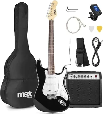 MAX GigKit - Pack guitarra eléctrica 4/4 con amplificador de 40W, negro | 3 pastillas single coil versátiles para rock, funk y pop, amplificador de 40W, incluye funda, correa y afinador digital