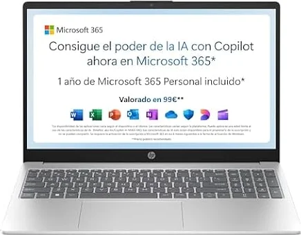 HP 15 Ordenador portátil 15.6", Intel N100, 4GB, 128GB, Windows 11 | 15-fd0261ns, FHD, portátil, ordenador portátil, Plata, QWERTY Español + 1 Año de Microsoft 365 Personal