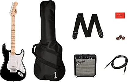 Squier by Fender Sonic Stratocaster Pack Guitarra Eléctrica, Negro | Paquete de guitarra para principiantes con amplificador, funda, cable, correa, lecciones virtuales gratuitas