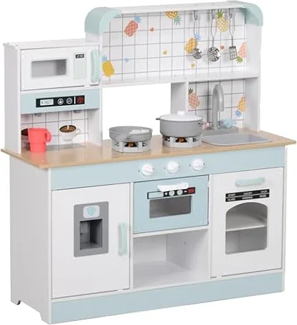 AIYAPLAY Cocina de Juguete para Niños +3 Años con Sonido Fogón Blanco | Cocina de Madera Infantil, Grifo, Fregadero, Microondas, Cafetera, Máquina de Hielo, Accesorios