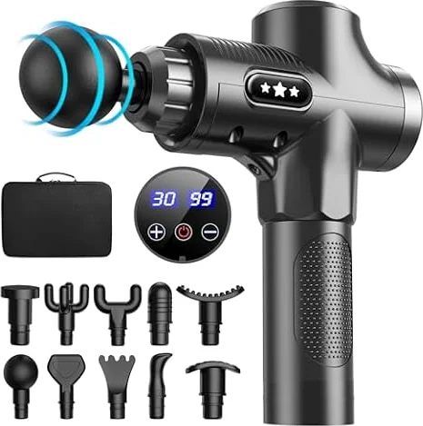 Pistola de Masaje Muscular, Pistola Masajeadora Muscular de Tejido Profundo ANSGEC con 30 Velocidades y 10 Cabezales de Masaje, Massage Gun con Pantalla LCD Táctil, para Aliviar el Dolor Muscular