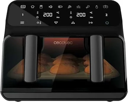 Cecotec Freidora de Aire 9 L Cecofry Advance 9000 Window Total 2200W | Temperatura Dual, Pared Divisoria Móvil, Ventana de Visualización, Tecnología PerfectCook, Control Digital, Función Dietética