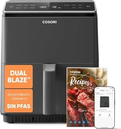 Cosori Freidora de Aire Dual Blaze 6,4L, Doble Resistencia, 11 Modos, WIFI | Revestimiento Cerámico Sin PFAS, Tiempo y Temperatura Ajustables, 90+ Recetas en Español , Apta para Lavavajillas, 1700W