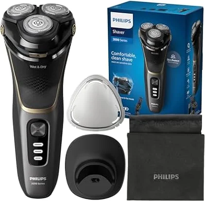 Philips Serie 3000 Afeitadora Eléctrica Hombre, Máquina de Afeitar Barba con Cortapatillas, 27 cuchillas, Cuida la piel, 60min de uso, En Seco y Húmedo, Recargable, Funda, Base Carga, S3342/13, Negro