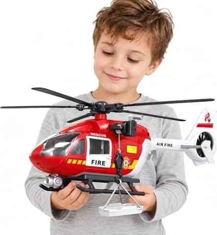 STOULKD Helicóptero de Rescate Juguetes con Luces y Sonidos, Grúa de Emergencia Juguetes con Bandeja Colgante, Juguetes para Niños de 3, 4, 5, 6, 7 Años de Edad, Niños (Helicóptero de Bomberos)