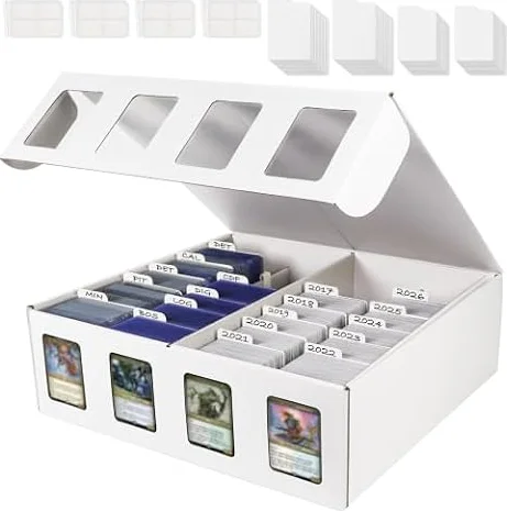 AFIING Caja de almacenamiento para tarjetas coleccionables, 1 unidad, 4 | Caja de cartón con ventana para hasta 3.200 tarjetas, formato estándar, para tarjetas deportivas, TCG y cartas coleccionables