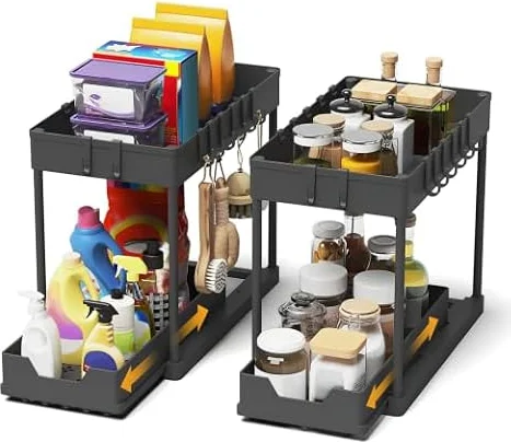 Meltrck 2 Organizadores Cocina Doble Bajo Fregadero, 16 Ganchos, Negro | Organizador Extraíble Estante Almacenamiento Debajo Fregadero