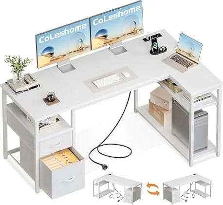 Coleshome Escritorio Esquinero con Cajones de Tela, 140x80cm, Blanco | Escritorio en L con Estantería Reversible, Mesa con Enchufes y Puertos USB, Para Oficina y Trabajo en Casa