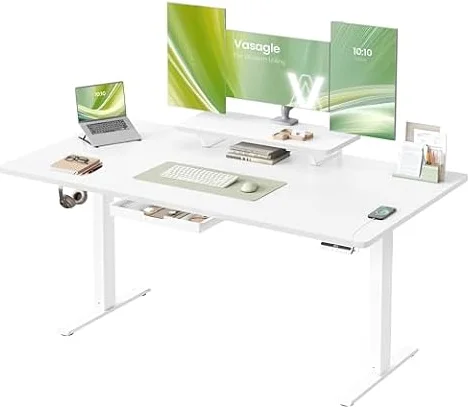 VASAGLE Escritorio Eléctrico Ajustable en Altura, 160 x 80 cm, Cajón | Soporte para Monitor, Puerto USB-C, Recordatorio de Sedentarismo, Blanco Nube y Blanco Mate, Colección BALOK LSD156WB01