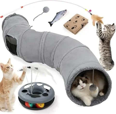 XIAPIA Tunel para Gatos con 6 Piezas, Juguete Interactivo Gato Interior | Juguetes para Gatos con Peces,Varita con Plumas, Pelotas, Manta, Ratones,Regalos y Juegos para Mascotas