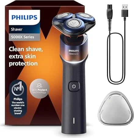 Philips Serie X5000 Afeitadora Eléctrica Hombre, Máquina de Afeitar Barba, 27 cuchillas, Cuida la piel, Cabezal flexible 360º, 50min de uso, En Seco y Húmedo, Recargable, X5012/00, Naranja