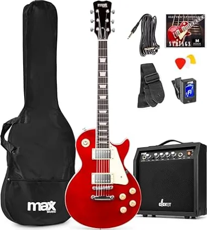 Max GigKit SC - Guitarra eléctrica single cut color rojo brillante | Dos pastillas humbucker versátiles para rock, pop y funk, amplificador de 40W, incluye afinador digital y funda protectora