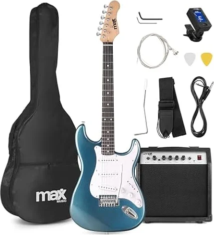 MAX GigKit - Guitarra eléctrica 4/4 color Petrol para principiantes | Cuerpo sólido de 22 trastes, amplificador de 40W con boost, incluye funda, afinador, púas y cable de conexión de 2m