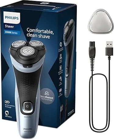Philips Serie X3000 Afeitadora Eléctrica Hombre, Máquina de Afeitar Barba con Cortapatillas, 27 cuchillas, Cuida la piel, 45min de uso, En Seco y Húmedo, Recargable, X3053/00, Azul