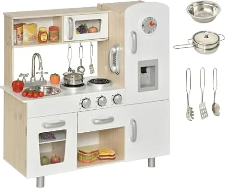 HOMCOM Cocina de Juguete de Madera con Fregadero, 74x30x81 cm Blanco | Cocina de Inducción y Microondas Simulados, Accesorios Incluidos, Cocina Infantil para +3 Años
