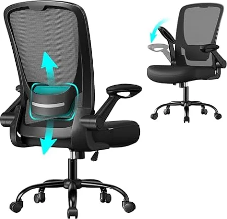 SONGMICS Silla de Escritorio Ergonómica, Malla, Apoyabrazos Abatibles | Soporte Lumbar Silla Oficina, 64 x 64 x (110-118) cm, Inclinable, Negro Tinta, Colección Kime, OBN37BK