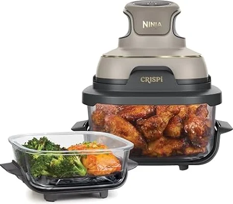 Ninja CRISPi, Freidora de Aire Portátil 4 en 1, 3,8L, Piedra/Dorado | Freír con Aire, Asar, Mantener Caliente y Gratinar, Incluye 2 Recipientes de Vidrio Extraíbles y Tapas - FN101EUSTGD