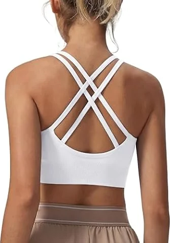 Leversic Sujetador Deportivo Mujer Sujetador de Yoga Acolchado Sujetador Deportivo de Impacto Medio Top Corto con Espalda Cruzada con Tiras para Fitness Yoga Gimnasio(Blanco,S)