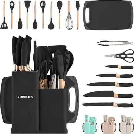 JUPPLIES Juego de Utensilios de Cocina de Silicona 19 Piezas con Cuchillos, Tijeras y Tabla de Cortar – Set Antiadherente Resistente al Calor – Apto para Todas Las Ollas y Sartenes - Negro