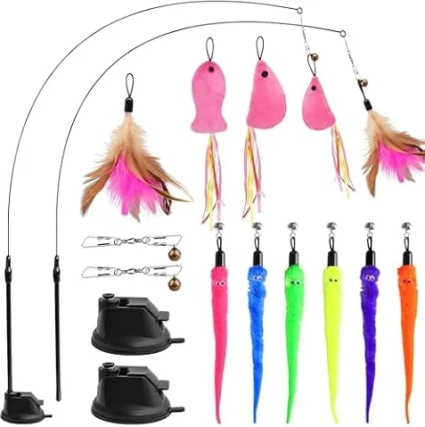 GingerUPer Juguete Intercativo de Pluma con Ventosa para Gato, Varita de Alta Resistencia, para Jugar Solo en Interior (Red)