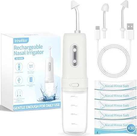 InhwRior Juego de irrigador nasal eléctrico, neti Pot, enjuague sinusal, flujo variable pulsante, boquillas de niebla y chorro, tanque grande de 200 ml, limpiador de 30 usos, JQ-S14U (irrigador nasal+
