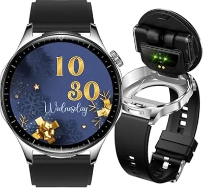 AIEK Smartwatch con Auriculares para Hombres y Mujeres, 1.43 "AMOLED de Pantalla Grande Fitness Sport Watch para iOS Android Phone, Monitor de Ritmo cardíaco del sueño, Regalo de Pareja (Plata)
