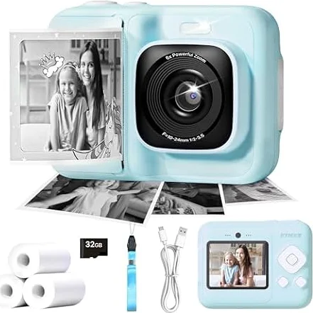 Cámara Instantánea Infantil 1080P, 3 Rollos de Papel, Azul | Para 4, 5, 6, 7, 8, 9, 10 años de edad, juguete portátil con 1 paquete de tarjeta SD de 32 GB y 1 paquete de 3 rollos de