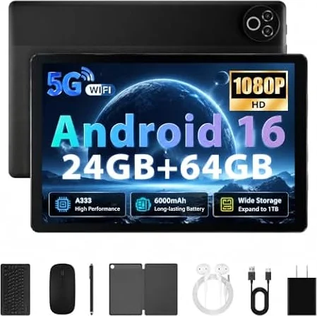 Tablet 10 Pulgadas Android 16, 24GB RAM + 64GB ROM, 6000mAh | Kit con Teclado, Ratón, Lápiz Táctil y Auriculares, Hasta 1TB microSD, IPS 1280×800, WiFi 6, Widevine L1