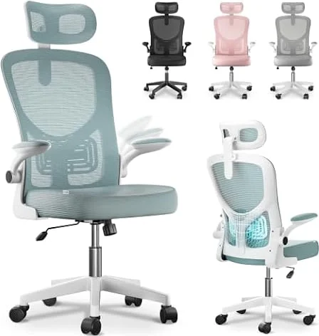 JUPPLIES Silla Escritorio Ergonómica - Silla Oficina Ajustable y Reclinable con Soporte Lumbar, Reposacabezas Ajustable, Reposabrazos Plegables, Malla Transpirable, Ruedas 360°, Soporta 120 kg