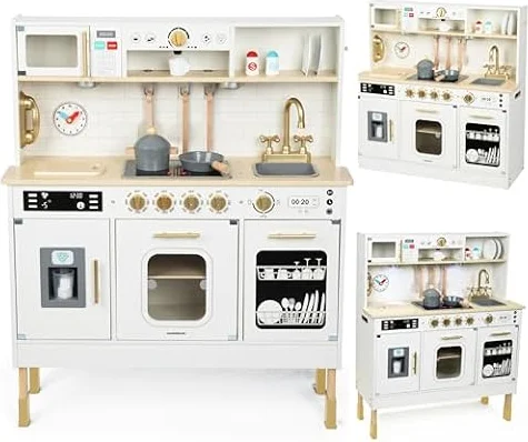 Mamabrum Cocina de Juguete para Niños de Madera con Luces LED - Juguetes Cocina Niños Interactiva con Altura Ajustable - Incluye Microondas, Lavavajillas y Accesorios - 104cm