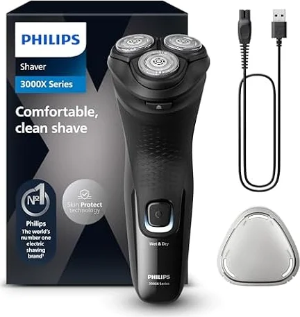 Philips Serie X3000 Afeitadora Eléctrica Hombre, Máquina de Afeitar Barba con Cortapatillas, 27 cuchillas, Cuida la piel, 40min de uso, En Seco y Húmedo, Recargable, X3001/00, Negro